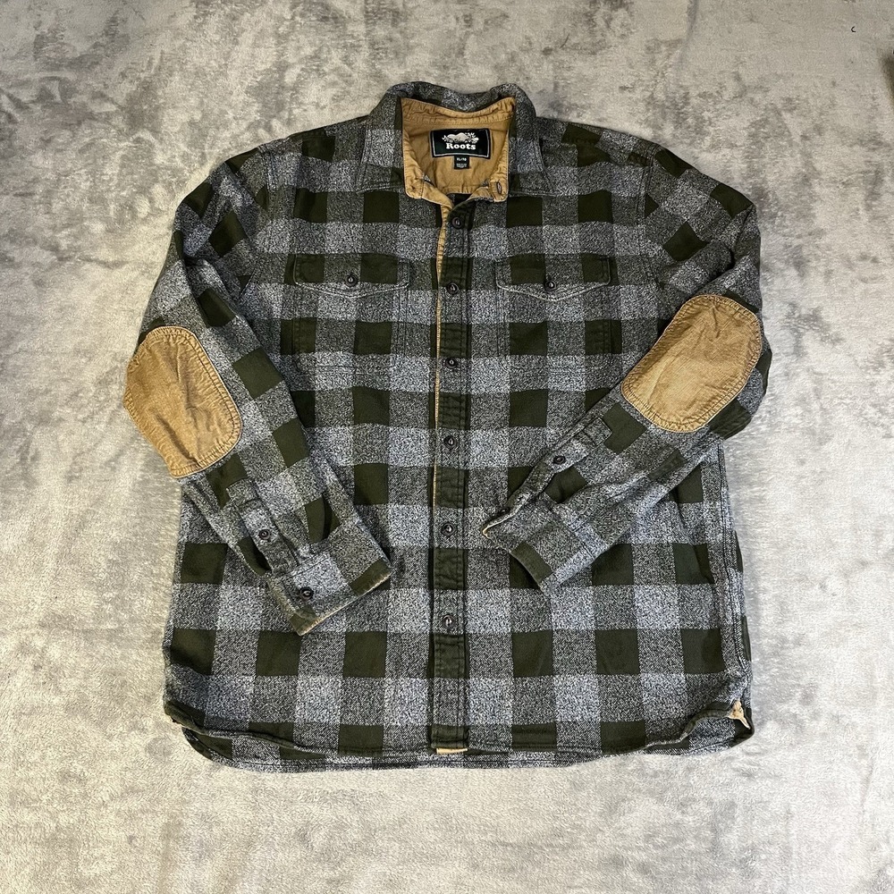 ROOTS Mens Plaid Elbow Patch Flannel Long Sleeve Shirt Size XL Green/Brown